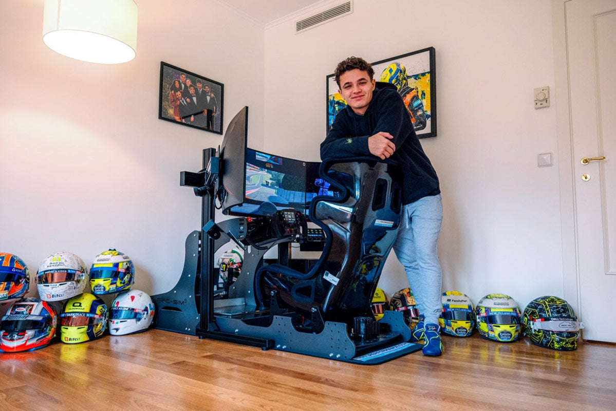 lando norris with his gt pro professional racing simulator cool performance