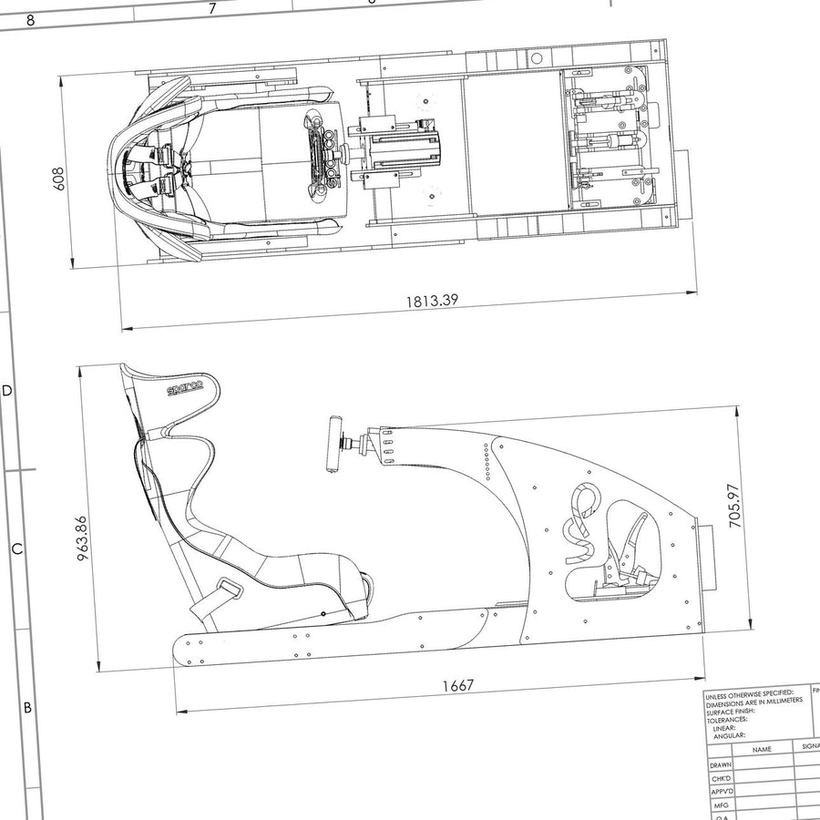 Formula Pro chassis footprint and side profile, dimensions in millimetres