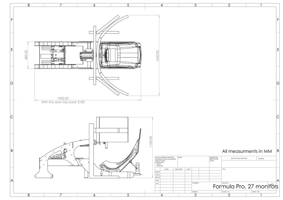 Formula Pro footprint with triple 27 inch curved monitors, dimensions in millimetres
