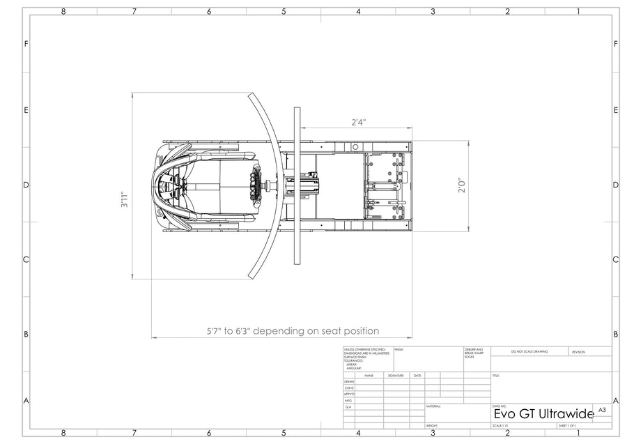GT Pro footprint with a single 49 inch ultrawide monitor, dimensions in feet and inches