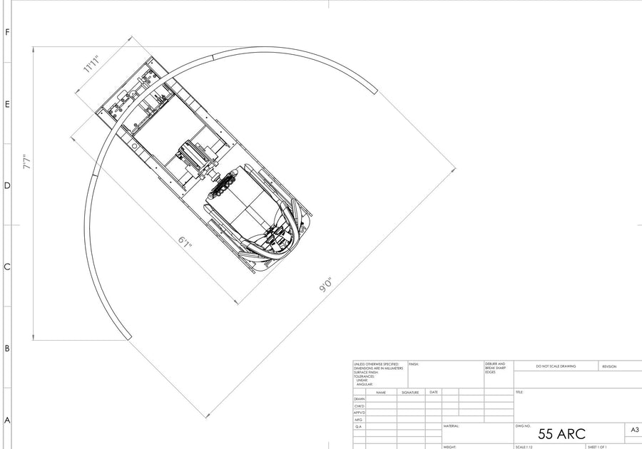 GT Pro with triple 55 inch arc screens footprint schematic in feet and inches