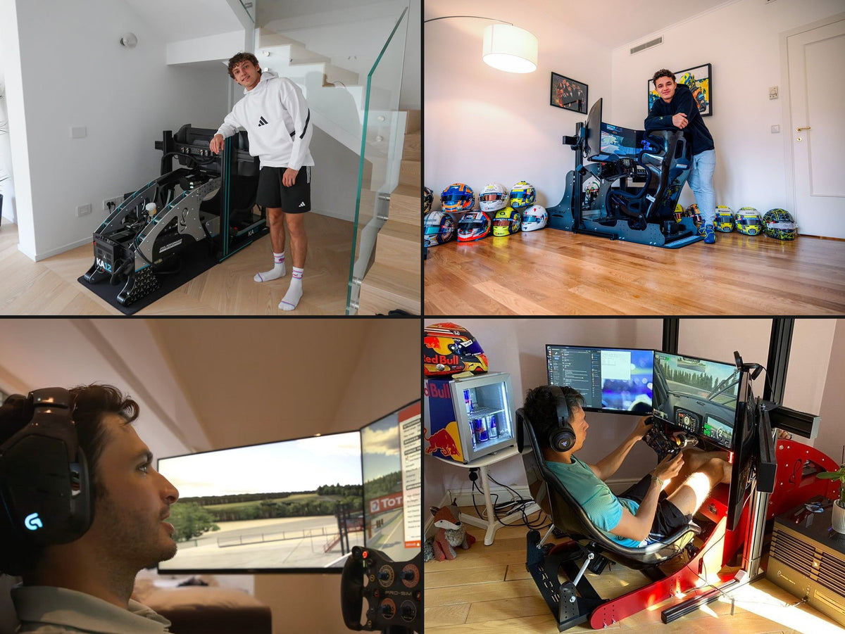 Kimi Antonelli, Lando Norris, Carlos Sainz and Alex Albon with their Cool Performance simulators at home