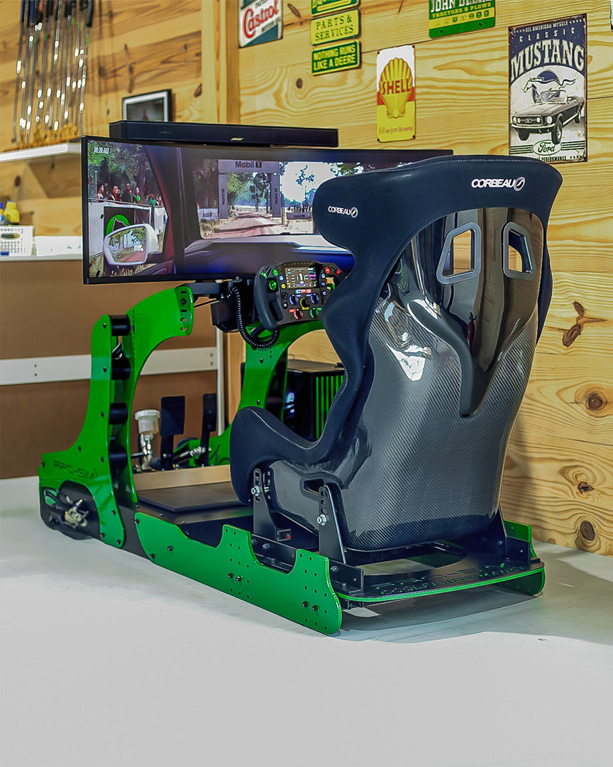 Cool Performance bespoke GT racing simulator: the GT Pro, green with carbon fibre seat