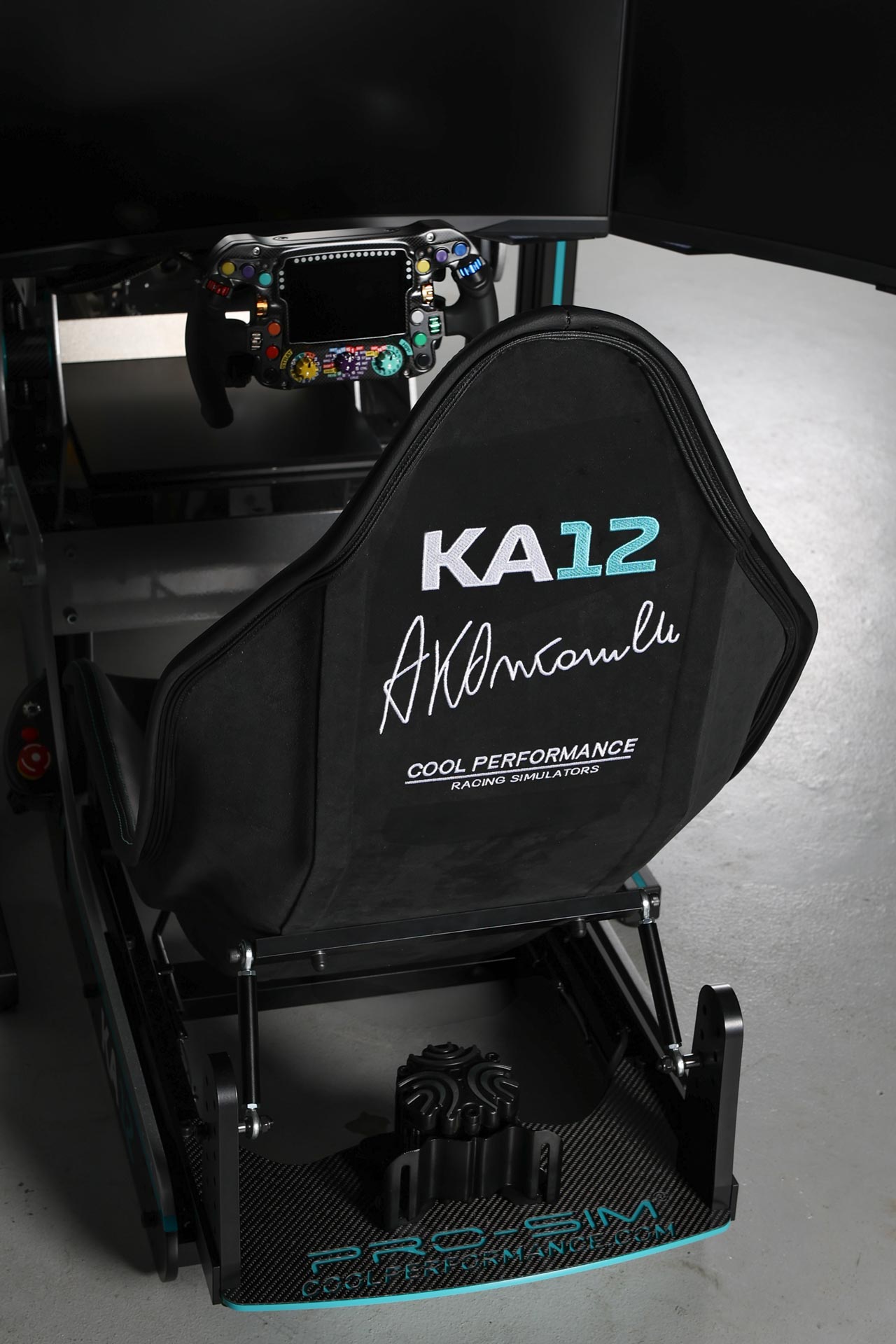 The rear of Kimi Antonelli's Formula Pro F1 Simulator seat, featuring custom embroidery