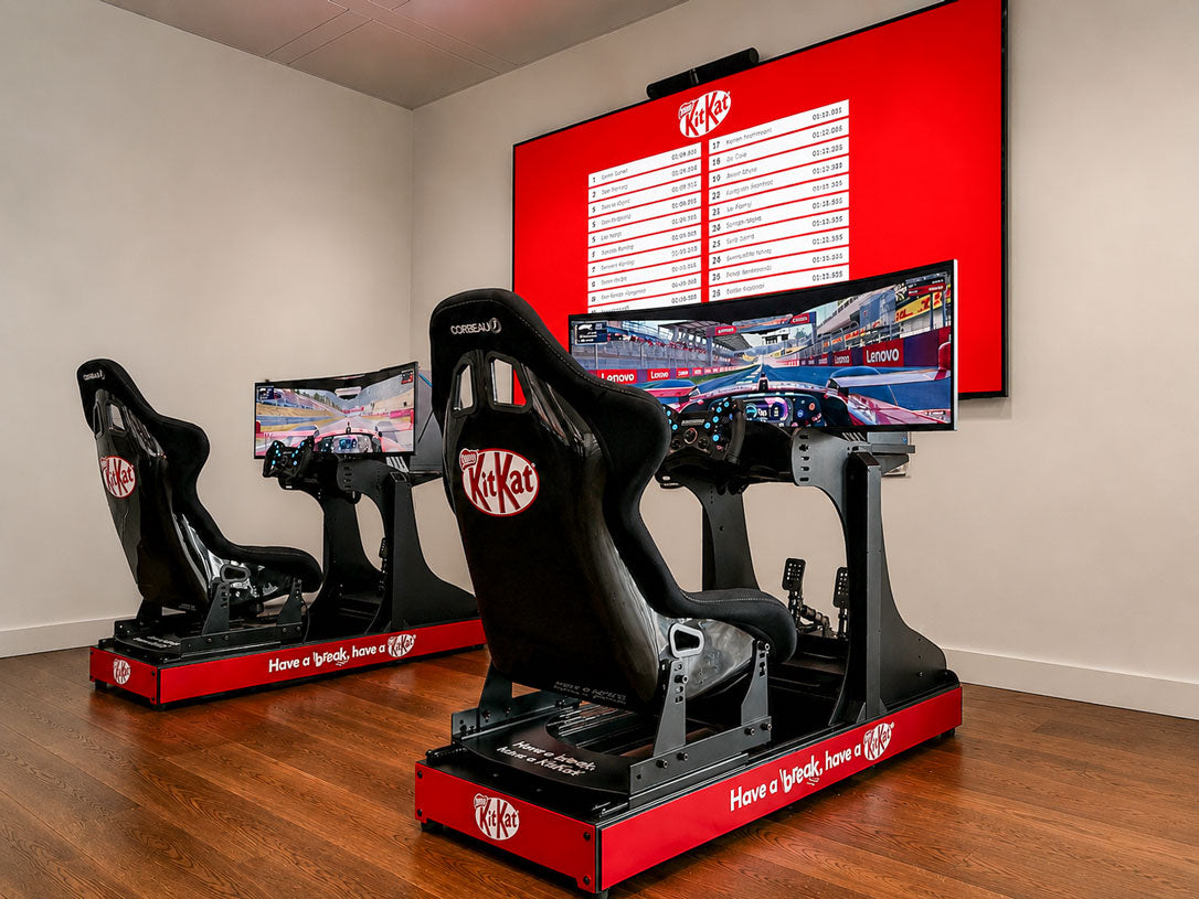KitKat branded formula 1 simulators hired from Cool Performance with kitkat branded live leaderboard