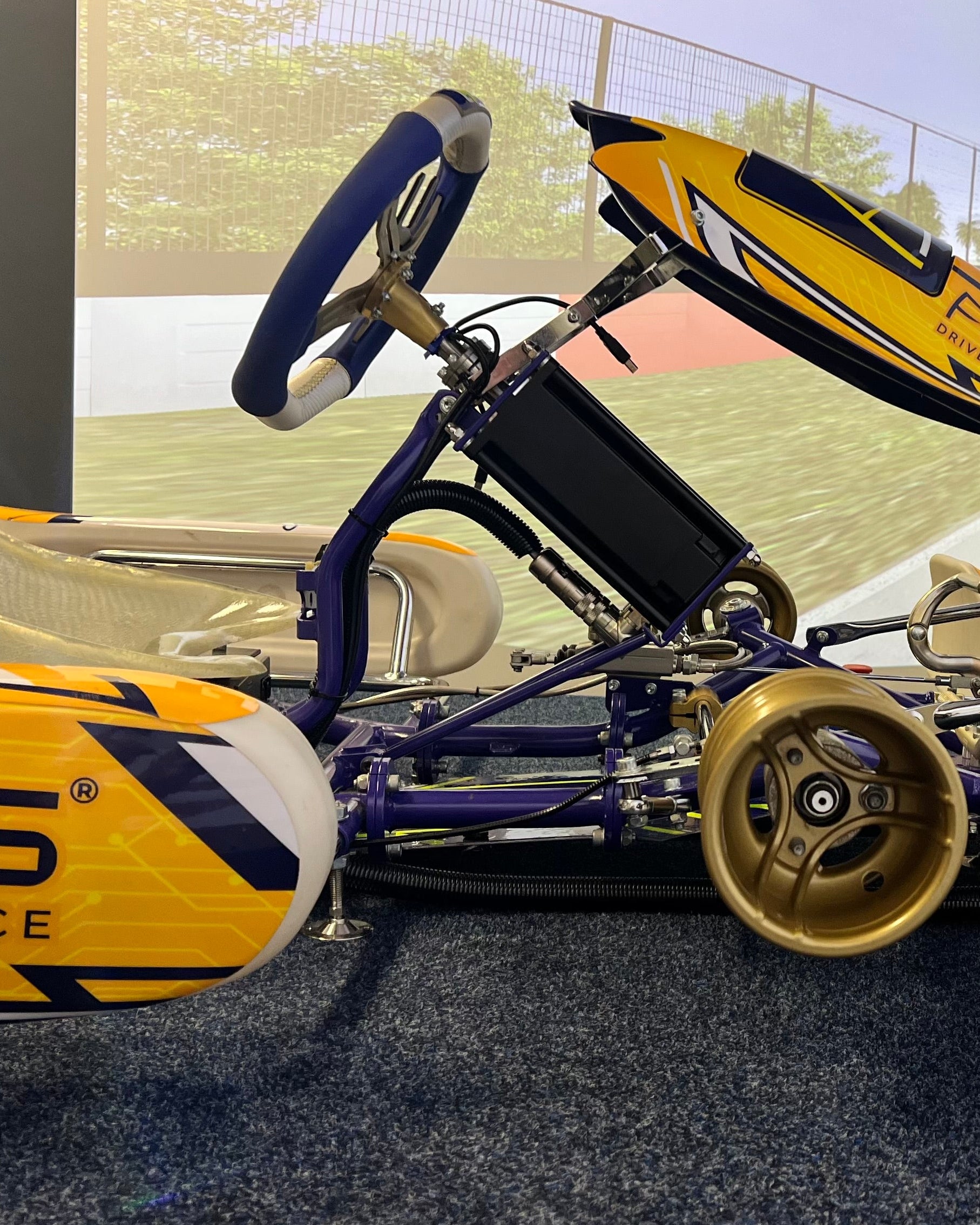 Realsitic karting simulator for sim racing, close up of wheel base