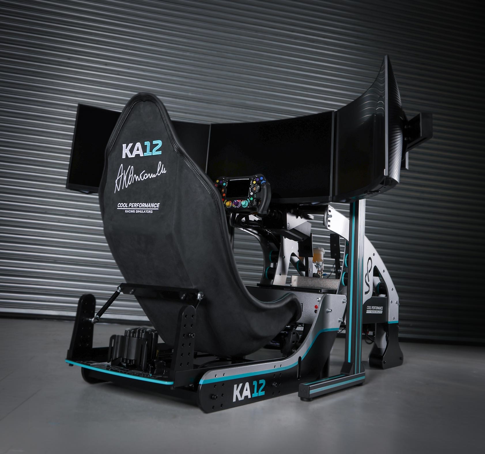 Rearward view of Kimi Antonelli's custom built simulator with triple curved monitors, carbon fibre and other custom features