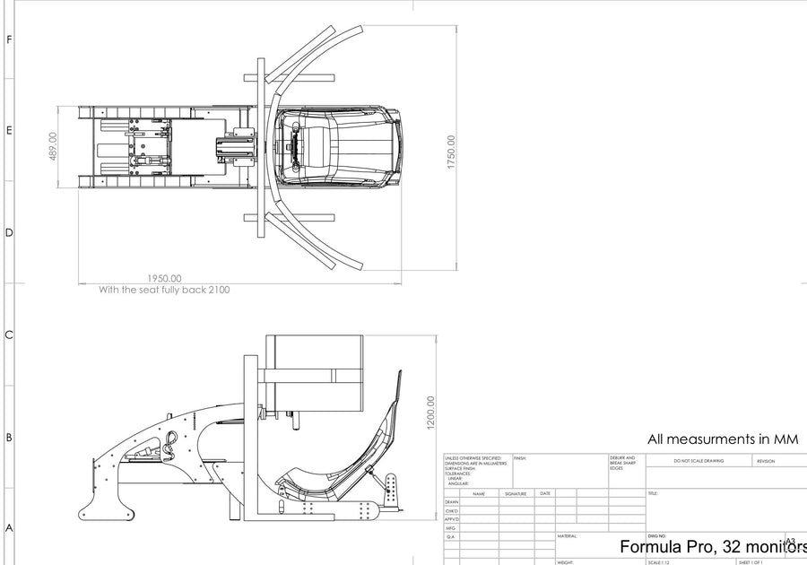 Formula Pro with triple 32 inch curved monitors footprint schematic with dimensions