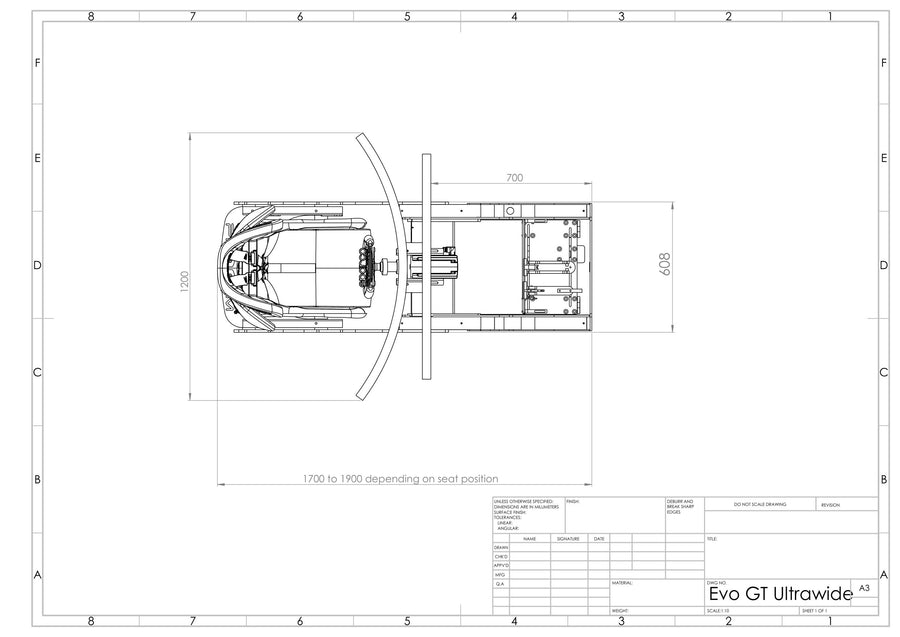 GT Pro footprint with a single 49 inch ultrawide monitor, dimensions in millimetres