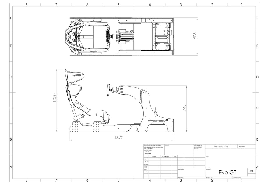 GT Pro chassis footprint and side profile, dimensions in millimetres