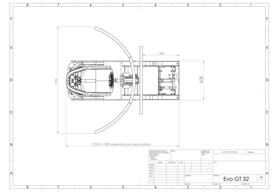 GT Pro footprint with triple 32 inch curved monitors, dimensions in millimetres