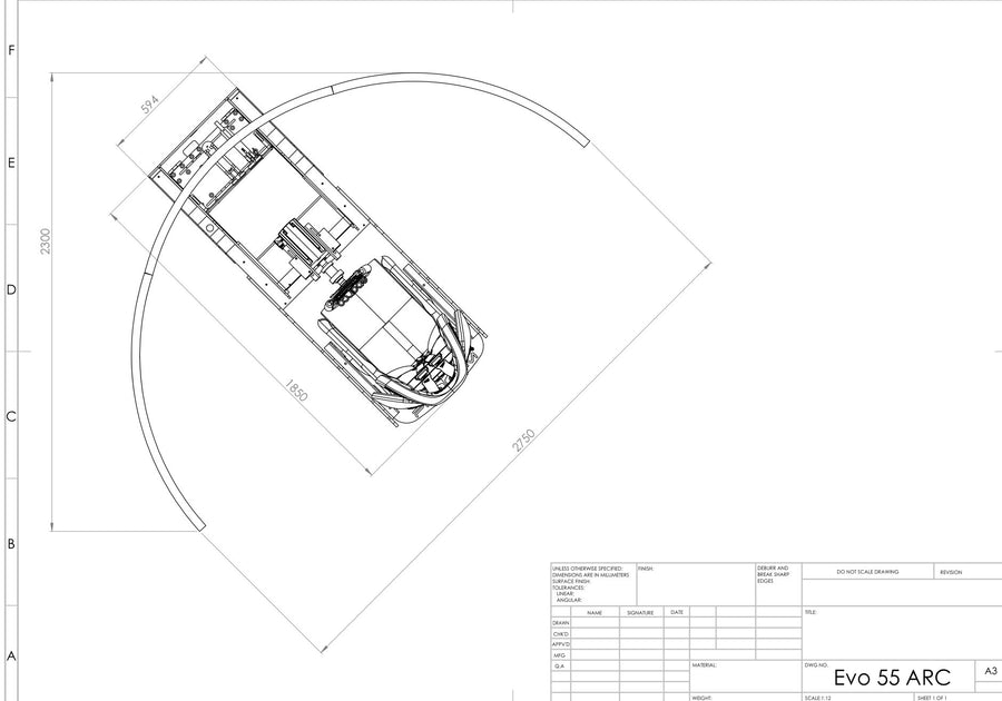 GT Pro with triple 55 inch arc screens footprint schematic with dimensions