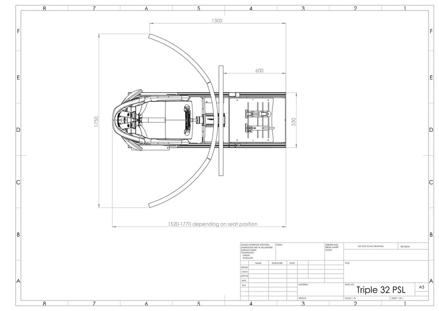GT Sport footprint with triple 32 inch monitors, dimensions in millimetres
