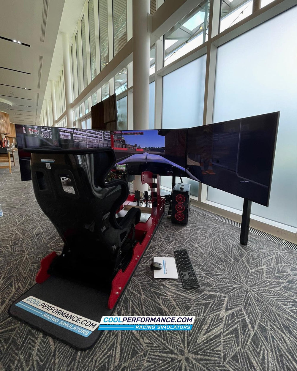 Formula simulator with triple screens at St George's Park for the England football team, England, UK